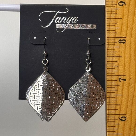 Silver Geometric Textured Earrings with Hook Design 2.25 inch - Picture 3 of 3